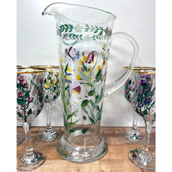 I Godinger & Co. Glass Pitcher & Goblet Set Gold Rims Hand-Painted - Picture 2 of 13